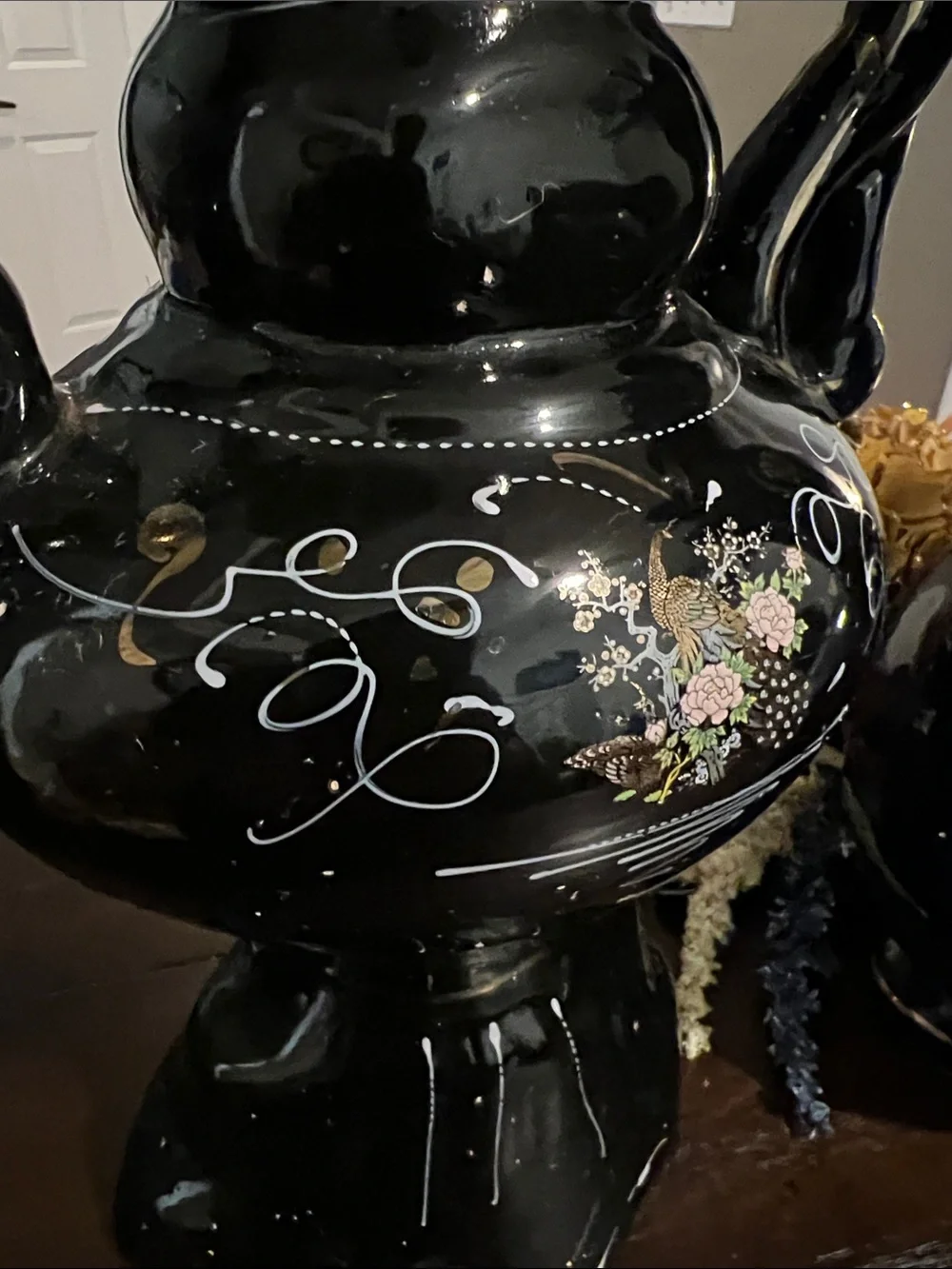 Pair of Decorative Ceramic Vases - Black and Blue Floral Accents